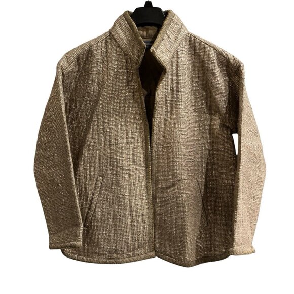 Democracy Jacket Womens M Taupe Gold Woven Jacquard Quilted Blazer Office Casual - Picture 1 of 9
